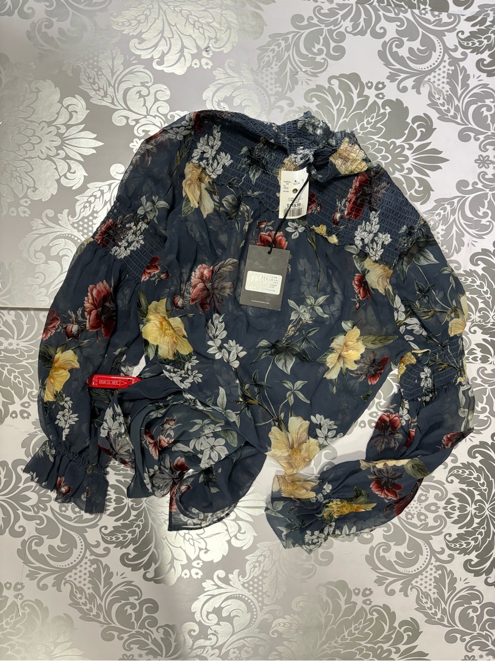 NICHOLAS Navy Floral Smocked Neck Blouse